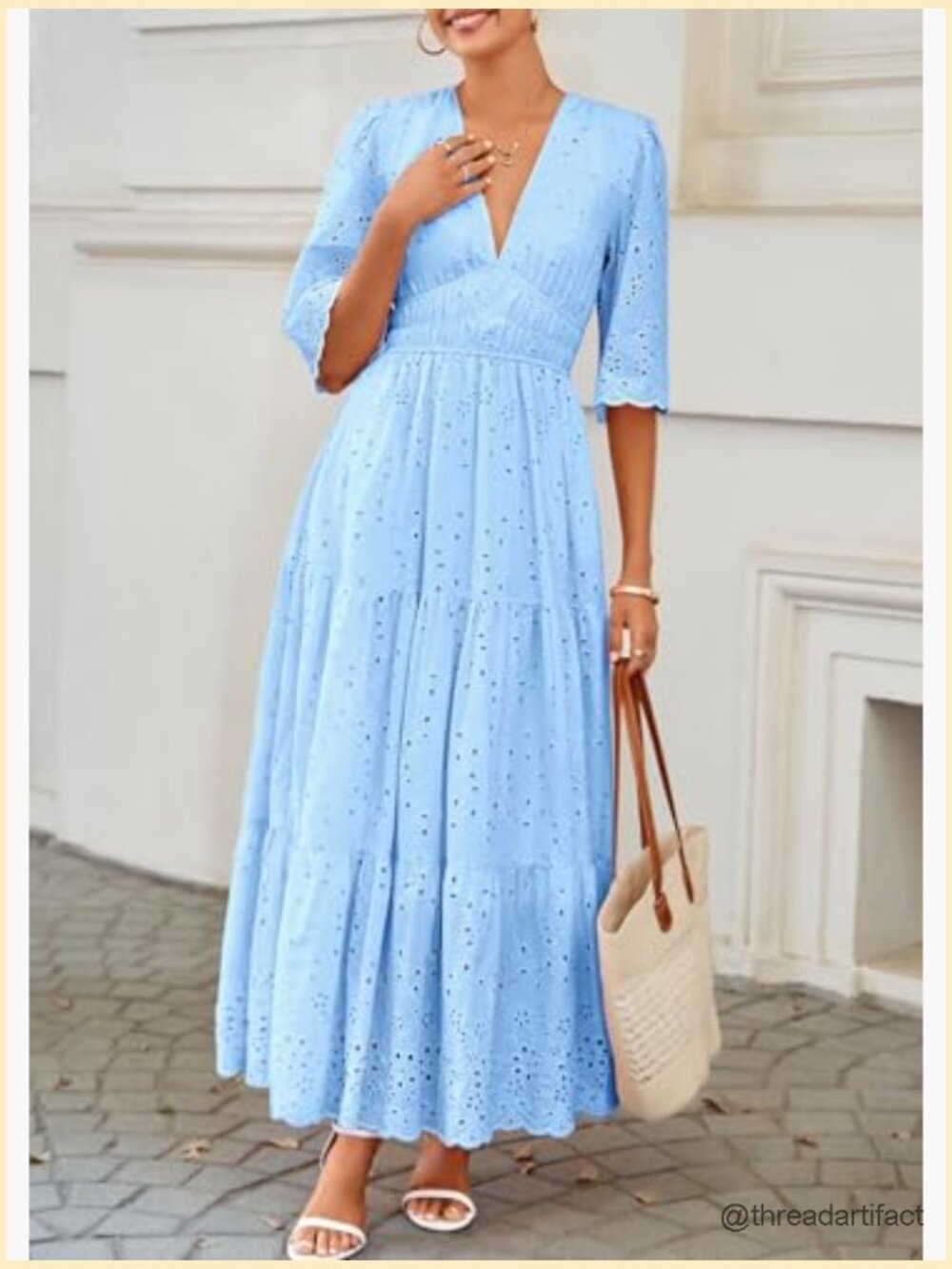 Long Sleeve V Neck Eyelet Ruffle Swing A-Line Boho Maxi Dress - Picture 4 of 7